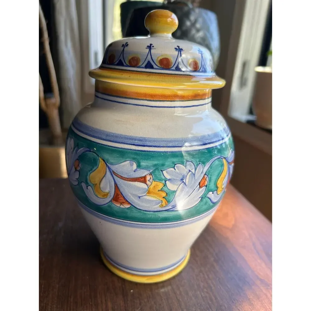 Vintage 1980s Lidded Majolica Canister Handmade Italy